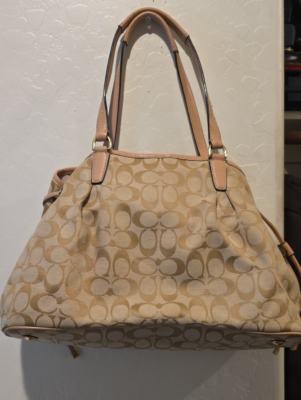 Coach Tan Signature Canvas Tote with Teal Center Stripe - Picture 7 of 16